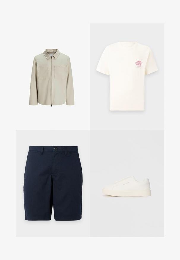 Béžová bunda vyrobená z jemného materiálu, s golierom, predným zipsom a dvoma veľkými náprsníkmi. Dlhé rukávy s voľným strihom.; Biele tričko s krátkym rukávom s červeným textom "Studio Originals Edition" na ľavej hrudi, zobrazené na neutrálnom šedom pozadí.; Námořnické modré šortky vyrobené z lehké tkaniny. Mají zapínání na knoflík, plochý přední díl a dvě boční kapsy. Klasický, rovný střih.; Biele slip-on tenisky s textúrovaným povrchom, hrubou podrážkou a minimalistickým dizajnom. Obsahuje logo značky na boku.