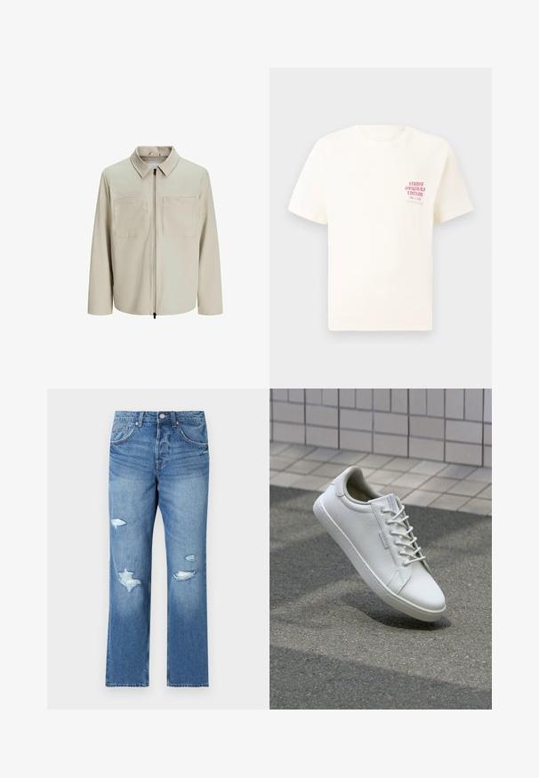 Beige jacket made of soft fabric, featuring a collar, front zip, and two large chest pockets. Long sleeves with a relaxed fit.; White short-sleeve T-shirt with red text "Studio Originals Edition" on left chest, displayed on a neutral gray background.; Light blue denim jeans with a regular fit, featuring distressed patches and frayed edges. Button closure and five-pocket design.; White sneaker made of textured leather, featuring a lace-up front, sturdy rubber sole, and minimalistic design with a reinforced toe.