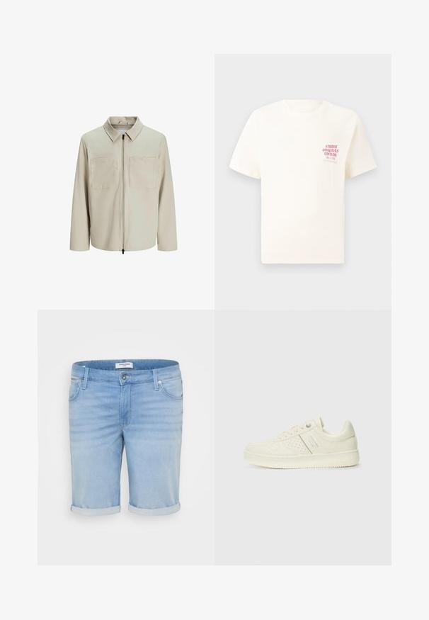 Béžová bunda vyrobená z jemného materiálu, s golierom, predným zipsom a dvoma veľkými náprsníkmi. Dlhé rukávy s voľným strihom.; Biele tričko s krátkym rukávom s červeným textom "Studio Originals Edition" na ľavej hrudi, zobrazené na neutrálnom šedom pozadí.; Svetlomodré džínsy s mierne vyblednutým povrchom, srolované manžety, dizajn s piatimi vreckami a uzatváranie na kovový gombík.; Krémová teniska s perforovanými detailmi, šnúrkami a logom na boku, vystavená na jednoduchej bielej pozadí.