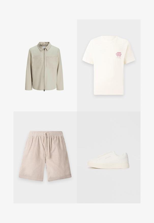 Chaqueta beige hecha de un tejido suave, con cuello, cierre frontal y dos grandes bolsillos en el pecho. Mangas largas con un corte relajado.; Camiseta blanca de manga corta con el texto rojo "Edición de Studio Originals" en el lado izquierdo del pecho, exhibida sobre un fondo gris neutro.; Pantalones cortos de pana beige con cintura elástica y cordón, que presentan textura de canalé vertical y bolsillos laterales.; Zapatillas blancas tipo slip-on con una superficie texturizada, suela gruesa y diseño minimalista. Presenta el logo de la marca en un lado.