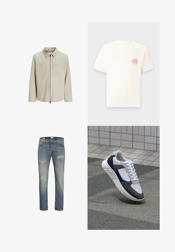 Beige jacka i mjukt tyg, med krage, framsida med dragkedja och två stora bröstfickor. Långa ärmar med avslappnad passform.; Vit kortärmad T-shirt med röd text "Studio Originals Edition" på vänster bröst, är uppställd på en neutral grå bakgrund.; Ljusblå denimjeans med rak bendesign, slitningar framtill, och klassisk femficksstil med dragkedja.; Vit, marinblå och grå sneaker med en blandad materialdesign, som har ett texturerat ovandel, platta snören och en vadderad sula.