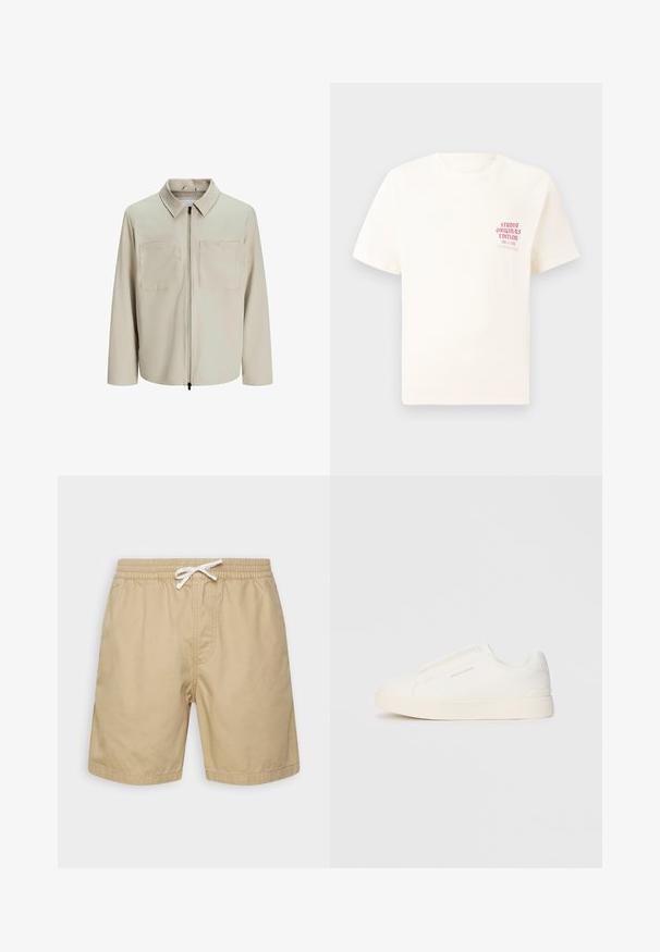 Beige jakke lavet af blødt stof, med krave, frontlynlås og to store brystlommer. Lange ærmer med afslappet pasform.; Hvid kortermet T-shirt med rød tekst "Studio Originals Edition" på venstre bryst, vist på en neutral grå baggrund.; Beige bomulds shorts med elastisk talje, snøre og to sidelommer. Glat tekstur, knæ-længde design.; Hvide slip-on sneakers med en struktureret overflade, en tyk sål og et minimalistisk design. Har brandlogoet på siden.