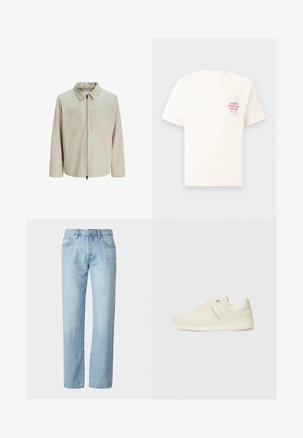 Beige jasje van zachte stof, met een kraag, een voorrits en twee grote borstzakken. Lange mouwen met een relaxte pasvorm.; Witte T-shirt met korte mouwen met rode tekst "Studio Originals Edition" op de linker borst, weergegeven op een neutrale grijze achtergrond.; Lichtblauwe denim jeans met een rechte snit, met een klassieke vijf-pocketontwerp en subtiele vervagings op de stof.; Crème-kleurige sneaker met geperforeerde details, veters en een logo aan de zijkant, weergegeven tegen een eenvoudige witte achtergrond.