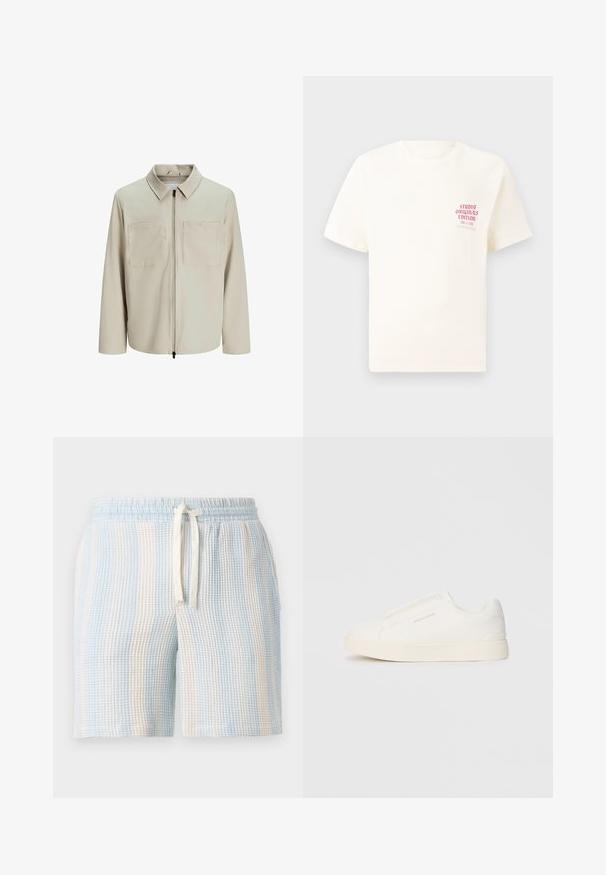 Beige jakke lavet af blødt stof, med krave, frontlynlås og to store brystlommer. Lange ærmer med afslappet pasform.; Hvid kortermet T-shirt med rød tekst "Studio Originals Edition" på venstre bryst, vist på en neutral grå baggrund.; Lette, strukturerede shorts med et blåt og hvidt stribet mønster. Har en elastisk talje og en snøre lukning.; Hvide slip-on sneakers med en struktureret overflade, en tyk sål og et minimalistisk design. Har brandlogoet på siden.