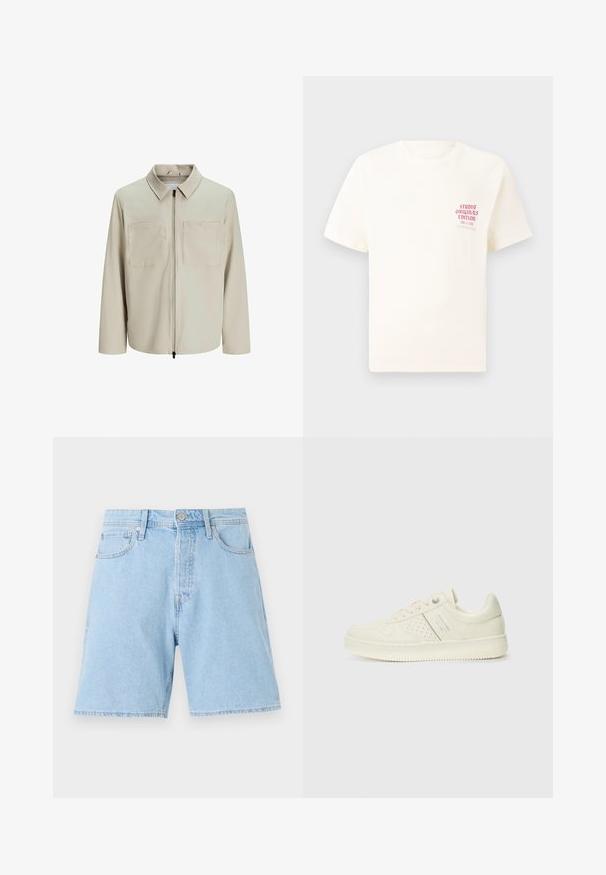 Beige takki, joka on valmistettu pehmeästä kankaasta. Siinä on kaulus, etuvetoketju ja kaksi suurta rintataskua. Pitkät hihat ja rento istuvuus.; Valkoinen lyhythihainen t-paita, jossa on punainen teksti "Studio Originals Edition" vasemmalla rinnalla, esitetty neutraalilla harmaalla taustalla.; Vaaleansiniset farkkushortsit klassisella leikkauksella, viidellä taskulla, napilla suljettavat ja tikattu helma. Kestävä kangas, jossa on sileä rakenne.; Valkokoska sneaker, jossa on rei'itettyjä yksityiskohtia, nauhat ja logo sivussa, esillä tasaisella valkoisella taustalla.