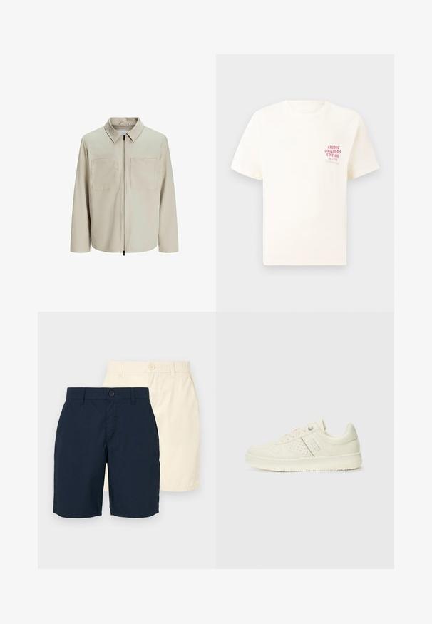 Jachetă bej dintr-un material moale, având o guler, fermoar frontal și două buzunare mari pe piept. Mâneci lungi cu o croială lejeră.; Tricou alb cu mânecă scurtă, având text roșu "Studio Originals Edition" pe partea stângă a pieptului, expus pe un fundal gri neutru.; Două perechi de pantaloni șort: una de culoare albastru închis și alta bej deschis. Ambele au o croială dreaptă, închidere cu nasture și un material neted, ușor.; Adidași crem cu detalii perforate, șireturi și logo pe lateral, expuși pe un fundal alb simplu.