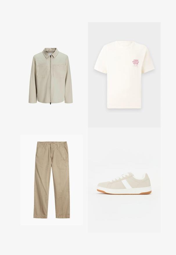 Jachetă bej dintr-un material moale, având o guler, fermoar frontal și două buzunare mari pe piept. Mâneci lungi cu o croială lejeră.; Tricou alb cu mânecă scurtă, având text roșu "Studio Originals Edition" pe partea stângă a pieptului, expus pe un fundal gri neutru.; Chino bej cu picior drept, cu bucle pentru curea, închidere cu nasture și fermoar în față, și buzunare laterale înclinate.; Tenisi bej cu accente albe, textură din suede, formă rotunjită, design cu șireturi și o talpă din cauciuc gumos în contrast.