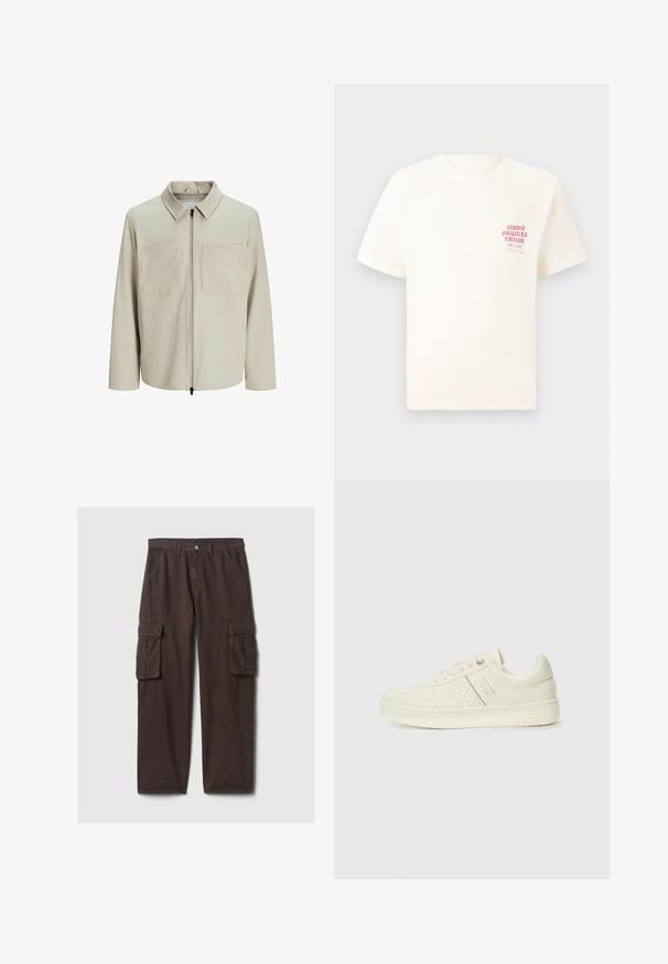 Beige színű, puha anyagból készült dzseki, gallérral, elülső cipzárral és két nagy zsebbe való mellel. Hosszú ujjú, laza fazonú.; Fehér, rövid ujjú póló, bal mellen piros szöveggel "Studio Originals Edition", semleges szürke háttér előtt.; Barna cargo nadrág erős pamutból. Több funkcionális zsebbel, övhurkokkal és egyenes szárú fazonnal rendelkezik. Sima textúra, klasszikus dizájn.; Krém színű sneaker perforált részletekkel, fűzőkkel és logóval az oldalán, egy sima fehér háttér előtt kiállítva.