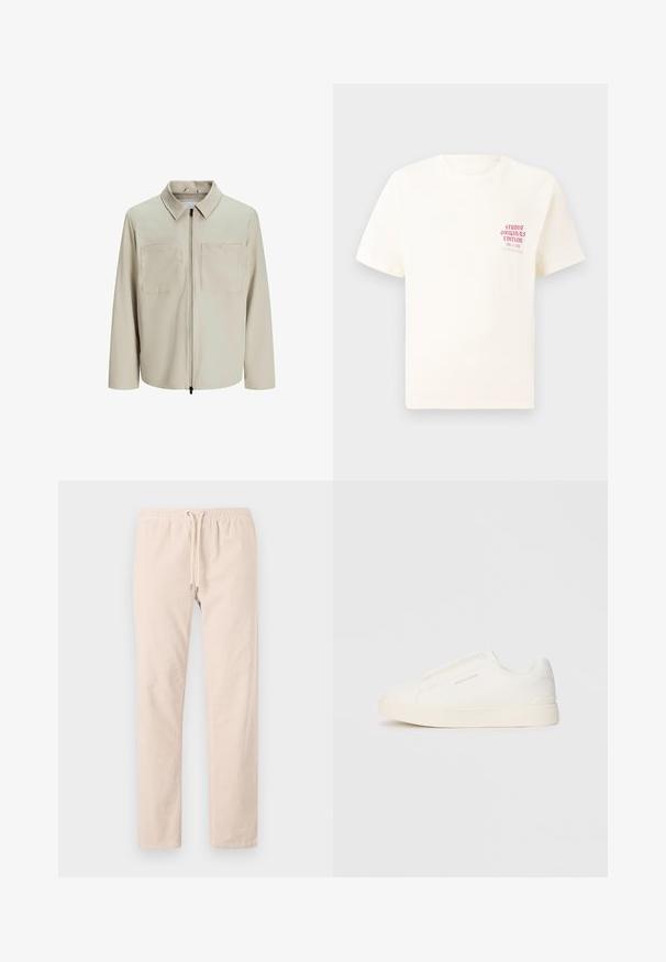 Beige jacket made of soft fabric, featuring a collar, front zip, and two large chest pockets. Long sleeves with a relaxed fit.; White short-sleeve T-shirt with red text "Studio Originals Edition" on left chest, displayed on a neutral gray background.; Light beige trousers made from soft fabric, featuring an elastic waistband with a drawstring and straight legs. Smooth texture, no patterns.; White slip-on sneakers with a textured surface, a thick sole, and minimalistic design. Features brand logo on the side.