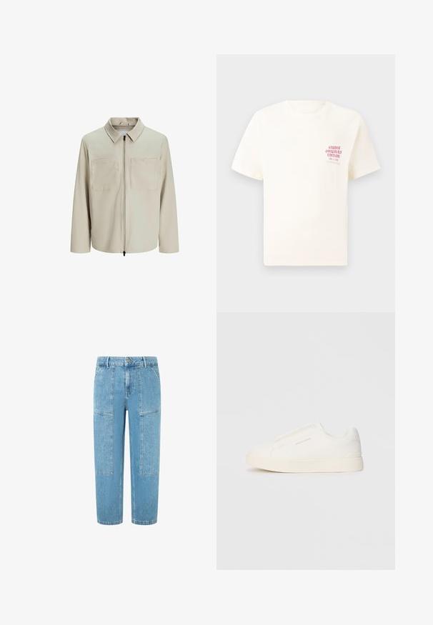 Beige jasje van zachte stof, met een kraag, een voorrits en twee grote borstzakken. Lange mouwen met een relaxte pasvorm.; Witte T-shirt met korte mouwen met rode tekst "Studio Originals Edition" op de linker borst, weergegeven op een neutrale grijze achtergrond.; Lichtblauwe denim jeans met een rechte snit, voorzien van twee grote opgestikte zakken en subtiele distressed details op de stof.; Witte instap sneakers met een gestructureerd oppervlak, een dikke zool en een minimalistisch ontwerp. Bevat het merklogo aan de zijkant.