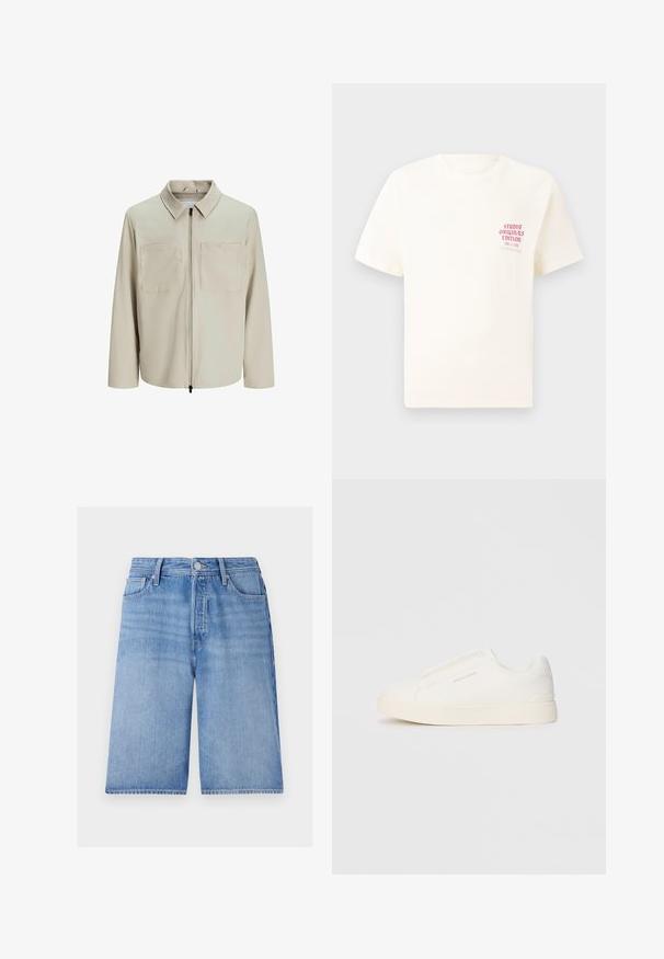 Beige színű, puha anyagból készült dzseki, gallérral, elülső cipzárral és két nagy zsebbe való mellel. Hosszú ujjú, laza fazonú.; Fehér, rövid ujjú póló, bal mellen piros szöveggel "Studio Originals Edition", semleges szürke háttér előtt.; Világoskék farmer rövidnadrág, laza szabással, cipzáros és gombos záródással, öt zsebbel és enyhén kopott hatással.; Fehér slip-on sportcipők texturált felülettel, vastag talppal és minimalista dizájnnal. Az oldalon a márka logója található.