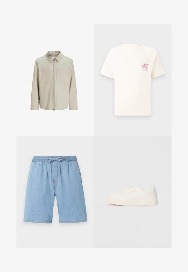 Bežna jakna iz mehkega blaga, z ovratnikom, sprednjim zadrgo in dvema velikima žepoma na prsih. Dolgi rokavi z ohlapnim fitom.; Bela majica s kratkimi rokavi z rdečim napisom "Studio Originals Edition" na levi strani prsnega koša, prikazana na nevtralnem sivo backgroundu.; Svetlo modre denim kratke hlače z elastičnim pasom, zavezovanjem, naborki spredaj in ravnimi hlačnicami.; Bele zapete brez vezalk z teksturirano površino, debelim podplatom in minimalističnim dizajnom. Na strani se nahaja logotip blagovne znamke.