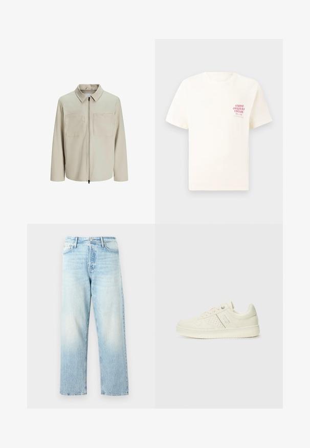 Beige jacket made of soft fabric, featuring a collar, front zip, and two large chest pockets. Long sleeves with a relaxed fit.; White short-sleeve T-shirt with red text "Studio Originals Edition" on left chest, displayed on a neutral gray background.; Light blue denim jeans with a straight leg design, faded finish, and visible stitching. Features a classic button and zipper closure.; Cream-colored sneaker with perforated detailing, laces, and logo on the side, displayed against a plain white background.