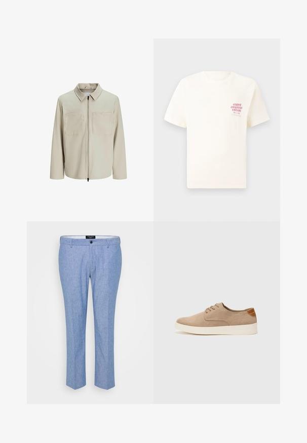 Beige takki, joka on valmistettu pehmeästä kankaasta. Siinä on kaulus, etuvetoketju ja kaksi suurta rintataskua. Pitkät hihat ja rento istuvuus.; Valkoinen lyhythihainen t-paita, jossa on punainen teksti "Studio Originals Edition" vasemmalla rinnalla, esitetty neutraalilla harmaalla taustalla.; Vaaleansiniset housut, joissa on rakenteellinen kangas, suora leikkaus, vyölenkit ja yksi etupainike.; Beige nubuck-lenkkarit, joissa on pyöreä kärki, nauhakiinnitys ja teksturoitu takaosa. Valkoinen kumipohja tuo kontrastia. Yksinkertainen ja moderni muotoilu.