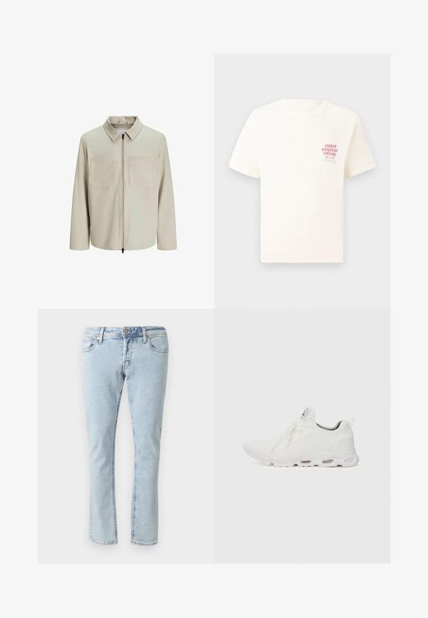 Chaqueta beige hecha de un tejido suave, con cuello, cierre frontal y dos grandes bolsillos en el pecho. Mangas largas con un corte relajado.; Camiseta blanca de manga corta con el texto rojo "Edición de Studio Originals" en el lado izquierdo del pecho, exhibida sobre un fondo gris neutro.; Jeans de mezclilla azul claro con un corte recto clásico, cinco bolsillos y presillas para cinturón. Presenta costuras mínimas y un cierre de botón.; Zapatillas deportivas blancas con un upper de punto texturizado, cordones planos y una suela acolchada con cámaras de aire visibles para mayor soporte.