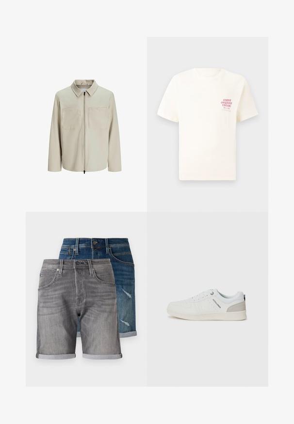 Béžová bunda vyrobená z jemného materiálu, s golierom, predným zipsom a dvoma veľkými náprsníkmi. Dlhé rukávy s voľným strihom.; Biele tričko s krátkym rukávom s červeným textom "Studio Originals Edition" na ľavej hrudi, zobrazené na neutrálnom šedom pozadí.; Džínové šortky v tmavomodrej a šedej farbe. Medzi charakteristiky patrí rolovaný okraj, vrecká a vyblednutá textúra na modrom páre so zničenými detailmi.; Biele neformálne tenisky s perforovaným dizajnom a svetlosivými akcentmi, s šnúrkami a značením na boku, vystavené na jednoduchom pozadí.