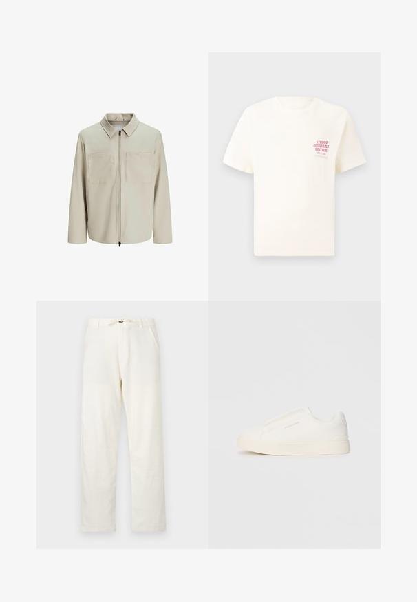 Bežna jakna iz mehkega blaga, z ovratnikom, sprednjim zadrgo in dvema velikima žepoma na prsih. Dolgi rokavi z ohlapnim fitom.; Bela majica s kratkimi rokavi z rdečim napisom "Studio Originals Edition" na levi strani prsnega koša, prikazana na nevtralnem sivo backgroundu.; Svetlo bež lanene hlače s ravnim krojem, nastavljivim pasom na vrvico in dvema stranskima žepoma. Gladka textura in minimalističen dizajn.; Bele zapete brez vezalk z teksturirano površino, debelim podplatom in minimalističnim dizajnom. Na strani se nahaja logotip blagovne znamke.