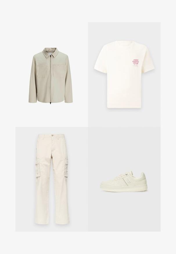 Bež jakk, mis on valmistatud pehmest kangast, millel on krae, ees zip ja kaks suurt rinna taskut. Pikad varrukad, millel on mugav lõige.; Valge lühikeste varrukatega T-särk, millel on vasakul rinnal punane tekst "Studio Originals Edition", esitatud neutraalsel hallil taustal.; GAP STRAIGHT CARGO PANT - Kargopüksid - chino; Koor valged tossud perforatsiooni detailide, nööpide ja külje logo ka, esitatud ühtlase valge tausta ees.
