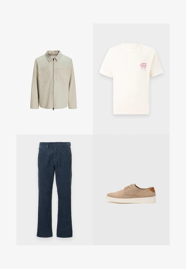 Jachetă bej dintr-un material moale, având o guler, fermoar frontal și două buzunare mari pe piept. Mâneci lungi cu o croială lejeră.; Tricou alb cu mânecă scurtă, având text roșu "Studio Originals Edition" pe partea stângă a pieptului, expus pe un fundal gri neutru.; Pantaloni din corduroy bleu închis, cu un design drept, având buzunare frontale, deschidere cu nasture și o textură discretă cu striații.; Tenisi din suede bej cu vârf rotund, sistem de șireturi în față și un accent texturat în spate. Talpa albă din cauciuc oferă un contrast. Design simplu și modern.