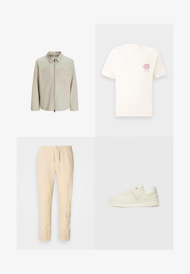 Beige Jacke aus weichem Stoff, mit Kragen, Frontreißverschluss und zwei großen Brusttaschen. Lange Ärmel mit lässiger Passform.; Weißes T-Shirt mit kurzen Ärmeln und rotem Text "Studio Originals Edition" auf der linken Brust, präsentiert vor einem neutralen grauen Hintergrund.; Helle beige Leinenhosen mit einem Zugbandbund, schmal zulaufenden Beinen und elastischen Manschetten. Einfaches Design mit einer dezenten Textur.; Cremefarbene Sneaker mit perforierten Details, Schnürsenkeln und Logo an der Seite, vor einem schlichten weißen Hintergrund präsentiert.