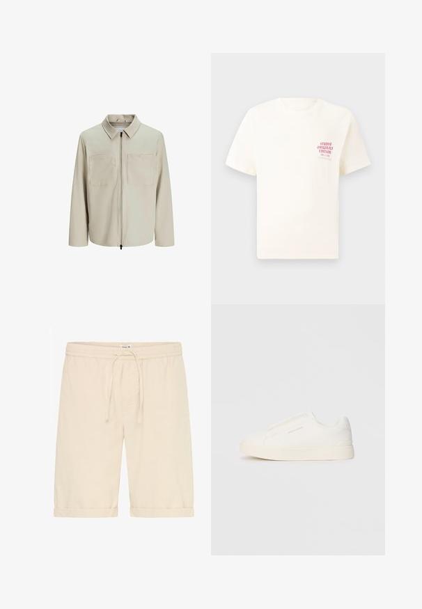 Bež jakk, mis on valmistatud pehmest kangast, millel on krae, ees zip ja kaks suurt rinna taskut. Pikad varrukad, millel on mugav lõige.; Valge lühikeste varrukatega T-särk, millel on vasakul rinnal punane tekst "Studio Originals Edition", esitatud neutraalsel hallil taustal.; Beezid puuvillased lühikesed püksid elastse vöökoha, reguleeritava nööriga ja keritud servaga, mõeldud igapäevaseks kandmiseks.; Valged libisemiskindlad tossud tekstuuriga pinnaga, paksu tallaga ja minimalistikus disainis. Küljel on brändi logo.