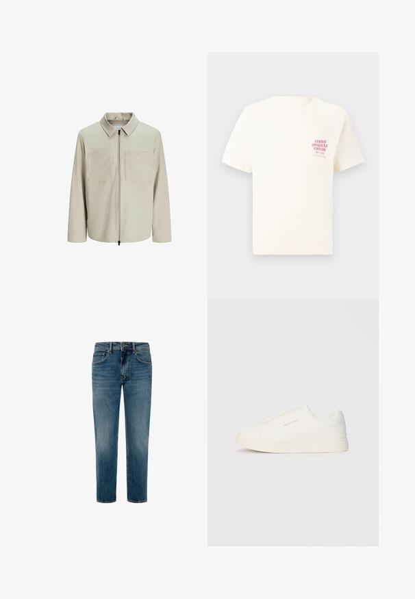 Beige bunda vyrobená z měkkého materiálu, s límečkem, předním zipem a dvěma velkými náprsními kapsami. Dlouhé rukávy s volným střihem.; Bílý krátký rukávový tričko s červeným textem "Studio Originals Edition" na levé hrudi, vystavené na neutrálním šedém pozadí.; Světle modré džíny z denimu se střihovým designem rovného nohavice, standardním pětipocketovým stylem a minimálním vyblednutím po celém materiálu.; Bílé slip-on tenisky s texturovaným povrchem, silnou podešví a minimalistickým designem. Na boku je umístěno logo značky.