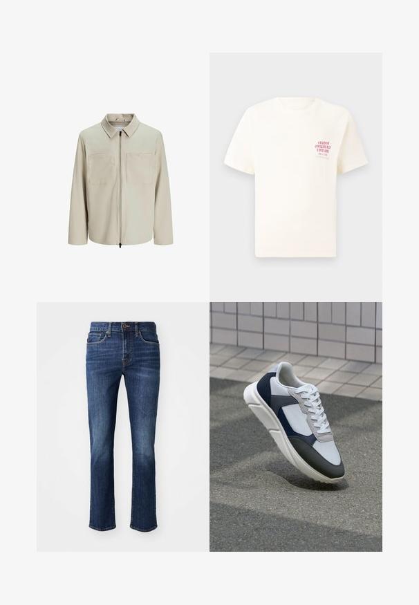 Bēša jaka, kas izgatavota no mīksta auduma, ar apkakli, priekšējo rāvējslēdzēju un diviem lieliem krūšu kabatām. Garas piedurknes ar brīvu piegriezumu.; Balts īsām piedurknēm T-krekls ar sarkanu tekstu "Studio Originals Edition" uz kreisā krūšu, pakārtots neitrālā pelēkā fonā.; Tumši zilie džinsu bikses ar taisnu kāju griezumu. Iezīmes ietver rāvējslēdzēju, priekšējās kabatas un vieglu izbalēšanu uz augšstilbiem. Izgatavotas no denima auduma.; Balti, tumši zili un pelēki sporta apavi ar jauktu materiālu dizainu, kuram ir teksturēts augšdaļa, plakani šņores un mīkstināta zole.