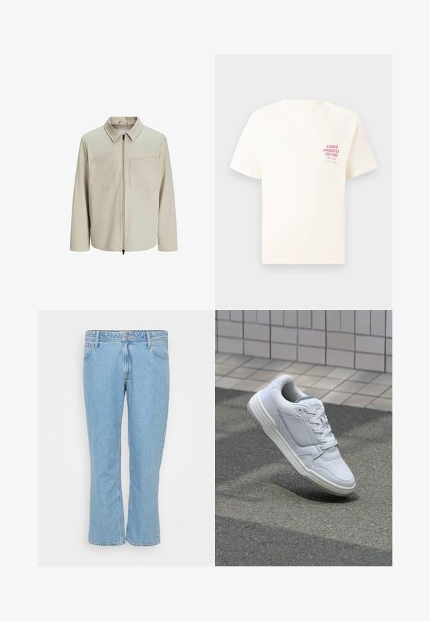 Beige takki, joka on valmistettu pehmeästä kankaasta. Siinä on kaulus, etuvetoketju ja kaksi suurta rintataskua. Pitkät hihat ja rento istuvuus.; Valkoinen lyhythihainen t-paita, jossa on punainen teksti "Studio Originals Edition" vasemmalla rinnalla, esitetty neutraalilla harmaalla taustalla.; Vaaleansinistä farkkukangasta olevat suorat housut, joissa on viisi taskua ja nappikiinnitys vyötäröllä.; Valkoinen nahkakengät, joissa on rei'itetyt sivut, teksturoituja yksityiskohtia, tasaiset nauhat ja erottuva harmaa kanta. Varrella on hieman kohotettu pohja.