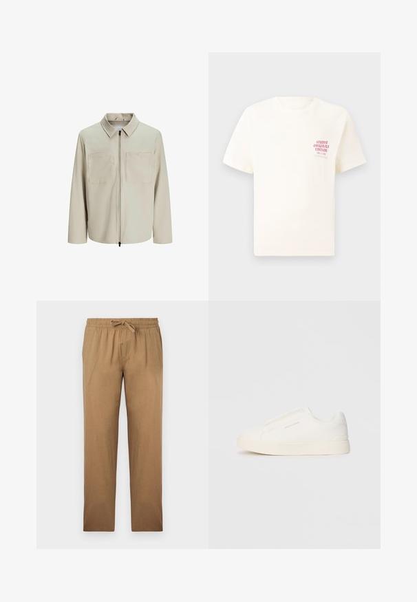 Beige jacket made of soft fabric, featuring a collar, front zip, and two large chest pockets. Long sleeves with a relaxed fit.; White short-sleeve T-shirt with red text "Studio Originals Edition" on left chest, displayed on a neutral gray background.; Light brown, loose-fitting pants made from a smooth fabric. Feature an elastic waistband with a drawstring and straight leg design.; White slip-on sneakers with a textured surface, a thick sole, and minimalistic design. Features brand logo on the side.