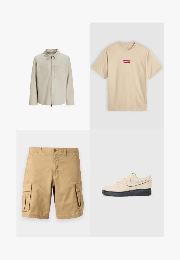 Beige jacket made of soft fabric, featuring a collar, front zip, and two large chest pockets. Long sleeves with a relaxed fit.; Beige cotton t-shirt with a round neckline and short sleeves. Features a red Levi's logo on the chest. Simple, classic fit.; Beige cargo shorts made of lightweight cotton, featuring two large side pockets, a button closure, and belt loops. Smooth texture.; Beige suede Nike Air Force 1 sneaker with a black rubber sole, stitched accents, perforated toe, and a prominent swoosh logo.