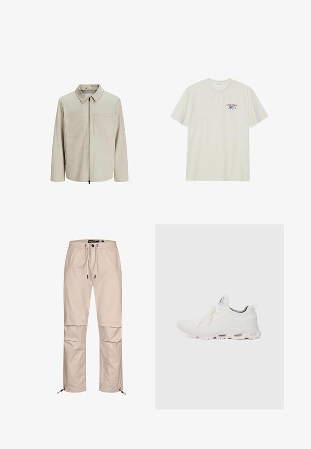 Beige takki, joka on valmistettu pehmeästä kankaasta. Siinä on kaulus, etuvetoketju ja kaksi suurta rintataskua. Pitkät hihat ja rento istuvuus.; Vaalean kermanvärinen puuvillapaita, jossa on lyhyet hihat. Sisältää pienen sinisen ja punaisen graafisen kuvan marlinista sekä tekstin "MARLIN TROPHY".; Kirkas beige cargo-housut elastisella vyötäröllä, säädettävällä narulla ja vetoketjullisilla alaosilla. Siloinen kangas, jossa on sivutaskut.; Valkoiset urheilukengät, joissa on teksturoitu neulepinta, litteät nauhat ja pehmustettu pohja, jossa on näkyvät ilmakammiot lisätuen tarjoamiseksi.