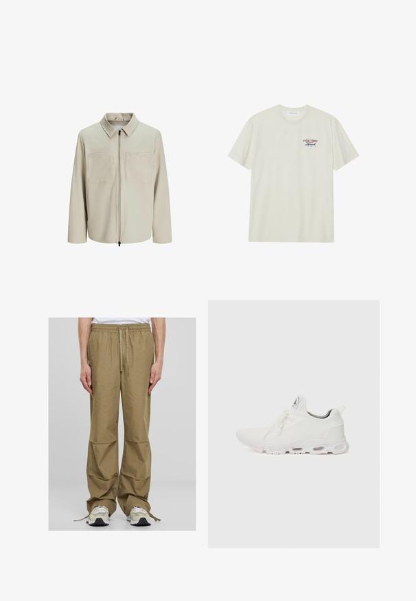 Beige jacket made of soft fabric, featuring a collar, front zip, and two large chest pockets. Long sleeves with a relaxed fit.; Light cream cotton t-shirt with short sleeves. Features a small blue and red graphic of a marlin and "MARLIN TROPHY" text.; Light khaki cargo pants with an elastic waistband, drawstring closure, and wide, relaxed fit. Features side pockets and smooth fabric texture.; White athletic shoes featuring a textured knit upper, flat laces, and a cushioned sole with visible air chambers for added support.