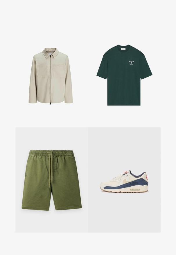 Chaqueta beige hecha de un tejido suave, con cuello, cierre frontal y dos grandes bolsillos en el pecho. Mangas largas con un corte relajado.; Camiseta de algodón verde oscuro con mangas cortas. Presenta un logo impreso en blanco en el pecho que dice "VINTAGE VIBES" junto a un gráfico de una palmera.; Pantalones cortos verde caqui hechos de algodón suave, con una banda elástica en la cintura y cordón ajustable, además de bolsillos laterales. Textura suave, diseño casual.; Zapatillas con parte superior de cuero crema y gamuza azul marino, que presentan una suela de aire visible, suela de goma beige y un acento rojo en el talón.