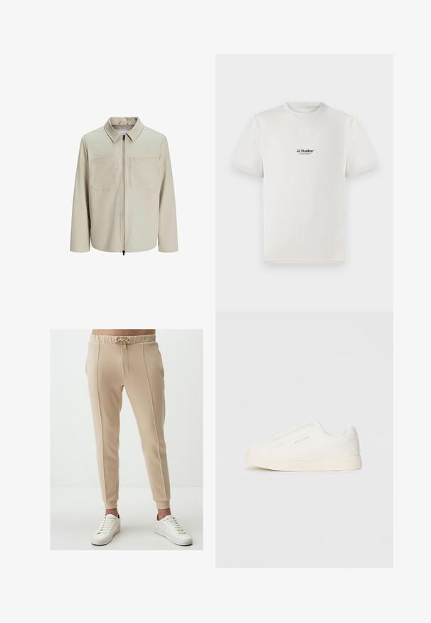 Beige Jacke aus weichem Stoff, mit Kragen, Frontreißverschluss und zwei großen Brusttaschen. Lange Ärmel mit lässiger Passform.; Weißes Baumwoll-T-Shirt mit kurzen Ärmeln, das ein schwarzes "JJ Studios"-Logo auf der Brust zeigt. Rundhalsausschnitt und Standardpassform.; Beige Jogginghosen mit einem Kordelzugbund, seitlichen Taschen und gerippten Bündchen. Glattes, strukturiertes Material mit vertikalen Nahtdetails. Getragen mit weißen Sneakers.; Weiße Slip-On-Sneaker mit einer strukturierten Oberfläche, dicker Sohle und minimalistischem Design. Mit Logo der Marke an der Seite.