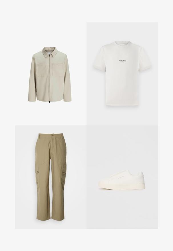 Beige színű, puha anyagból készült dzseki, gallérral, elülső cipzárral és két nagy zsebbe való mellel. Hosszú ujjú, laza fazonú.; Fehér pamut póló rövid ujjakkal, a mellkasán fekete "JJ Studios" logóval. Kerek nyakú és standard fit kialakítás.; Beige kapucnis nadrág, könnyű anyagból készült, két oldalsó zsebbel, gombos zárással és egyenes szabással.; Fehér slip-on sportcipők texturált felülettel, vastag talppal és minimalista dizájnnal. Az oldalon a márka logója található.