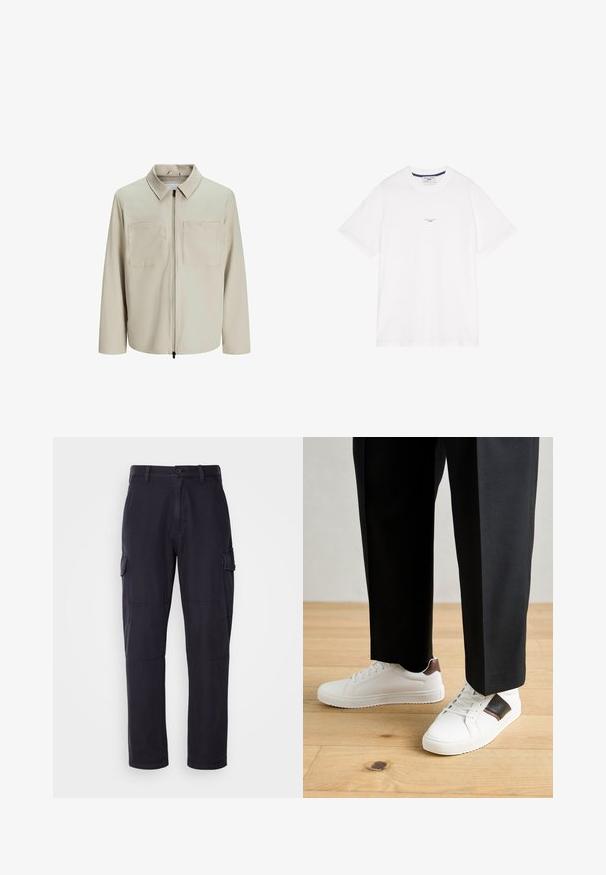 Bež jakk, mis on valmistatud pehmest kangast, millel on krae, ees zip ja kaks suurt rinna taskut. Pikad varrukad, millel on mugav lõige.; Valge puuvillane T-särk lühikeste varrukatega, ümar kaelus ja keskosas peene tekstiga. Sile tekstuur ja mugav lõige.; Tumedates sinised cargo püksid puuvilla segu kangast, küljetaskutega, sirge jala disainiga ja nähtavate õmbluste detailidega.; Valged sneakersid siledat tekstuurist, millel on pruunad nahast detailid ja mustad aksessuaarid, millele on sobitatud mustad kohandatud püksid. Puitpõranda taust.