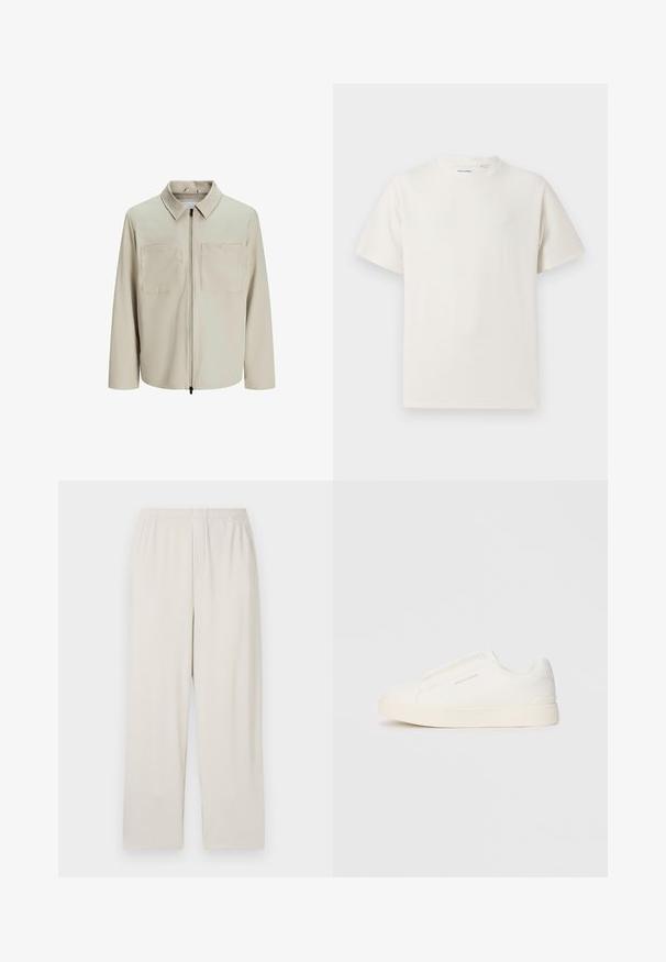 Beige jacket made of soft fabric, featuring a collar, front zip, and two large chest pockets. Long sleeves with a relaxed fit.; White short-sleeve T-shirt in a ribbed texture. Round neckline, relaxed fit, no visible patterns or accents. Simple and versatile design.; Beige ribbed wide-leg trousers with an elastic waistband. Features vertical stripes and a soft, textured fabric.; White slip-on sneakers with a textured surface, a thick sole, and minimalistic design. Features brand logo on the side.