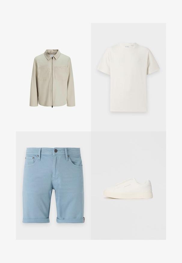 Giacca beige realizzata in tessuto morbido, dotata di colletto, zip frontale e due ampie tasche sul petto. Maniche lunghe con una vestibilità rilassata.; T-shirt bianca a maniche corte in texture a coste. Girocollo, vestibilità rilassata, senza modelli o accenti visibili. Design semplice e versatile.; Shorts in denim azzurro chiaro con un classico design a cinque tasche, risvolti, dettagli di cuciture anteriori e posteriori e una chiusura con bottone scuro.; Sneakers bianchi slip-on con superficie texturizzata, suola spessa e design minimalista. Presentano il logo del marchio sul lato.