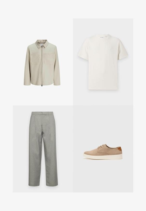 Béžová bunda vyrobená z jemného materiálu, s golierom, predným zipsom a dvoma veľkými náprsníkmi. Dlhé rukávy s voľným strihom.; Biela krátka tričko s krátkym rukávom so žebrovanou textúrou. Okrúhly výstrih, uvoľnený strih, žiadne viditeľné vzory ani akcenty. Jednoduchý a všestranný dizajn.; Sivé upravené nohavice z textúrovanej tkaniny, so strihom s rovnými nohavicami, prednými záhybmi a štandardným pásom s pútkami na opasok.; Béžové semišové tenisky s okrúhlou špičkou, šnurovaním vpredu a textúrovaným zadným akcentom. Biela gumová podrážka poskytuje kontrast. Jednoduchý a moderný dizajn.