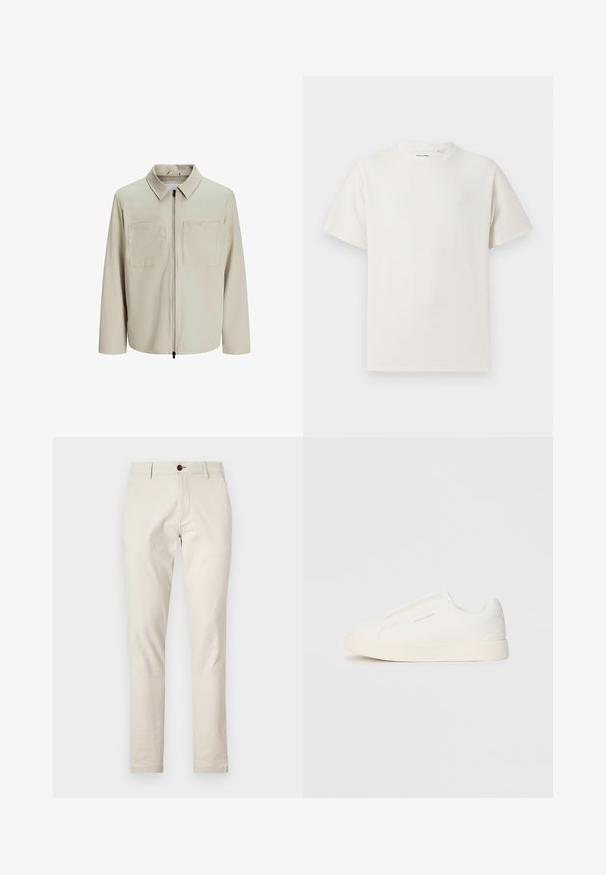 Beige Jacke aus weichem Stoff, mit Kragen, Frontreißverschluss und zwei großen Brusttaschen. Lange Ärmel mit lässiger Passform.; Weißes T-Shirt mit kurzen Ärmeln in gerippter Textur. Runder Ausschnitt, lockere Passform, keine sichtbaren Muster oder Akzente. Einfaches und vielseitiges Design.; Beige Baumwollhosen mit Slim-Fit, Vordertaschen und einem einzelnen braunen Knopfverschluss an der Taille. Glatte Textur.; Weiße Slip-On-Sneaker mit einer strukturierten Oberfläche, dicker Sohle und minimalistischem Design. Mit Logo der Marke an der Seite.