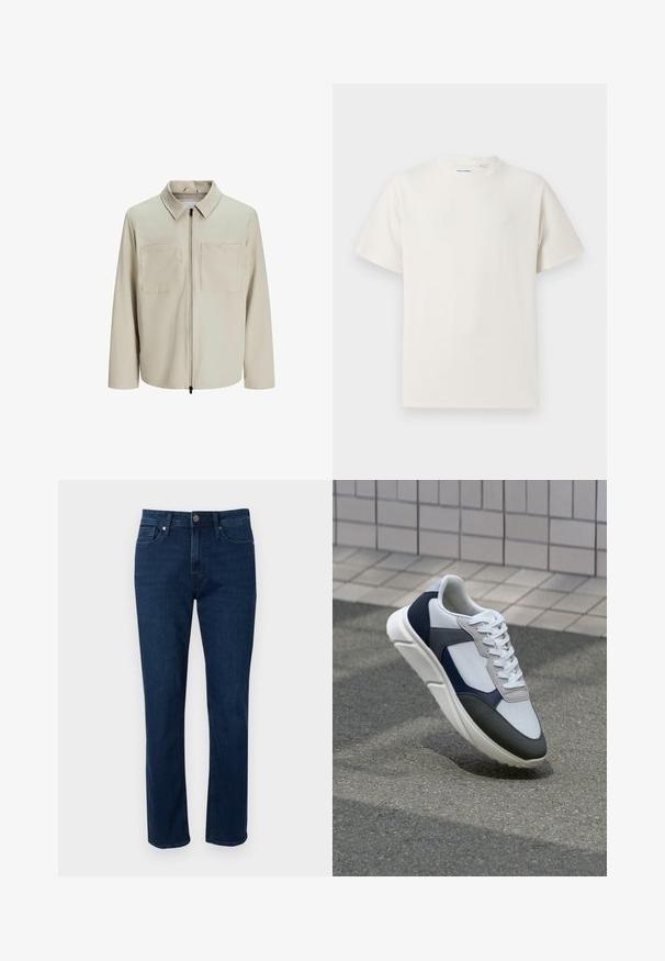 Bež jakna od mekog materijala, s ovratnikom, prednjim patentnim zatvaračem i dva velika džepa na grudima. Dugački rukavi s opuštenim krojem.; Bijela kratka majica s kratkim rukavima u rebrastoj teksturi. Okrugli izrez, ležeran kroj, bez vidljivih uzoraka ili akcenta. Jednostavan i svestran dizajn.; Tamno plave traperice ravnog kroja s pet džepova, petljama za remen i metalnim kopčanjem na struku. Gladak materijal i klasičan dizajn.; Bijela, mornarsko plava i siva tenisica s dizajnom od miješanih materijala, koja ima teksturirani gornji dio, ravne vezice i udoban đon.