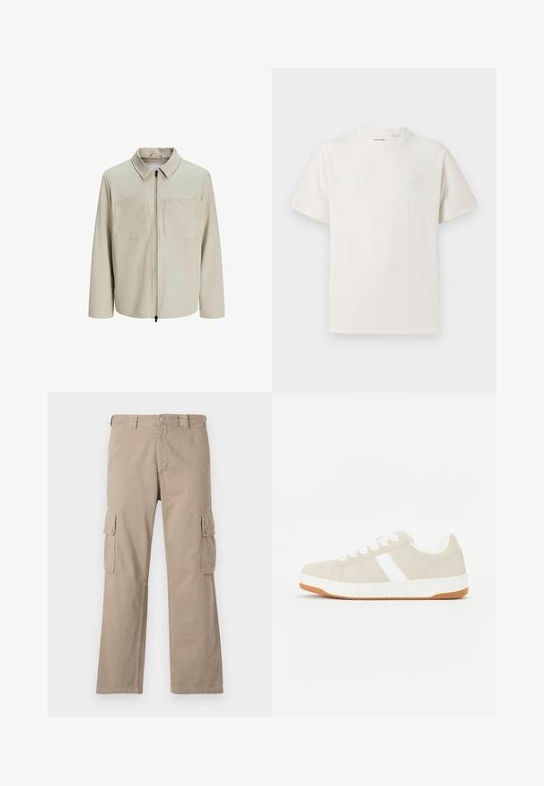 Giacca beige realizzata in tessuto morbido, dotata di colletto, zip frontale e due ampie tasche sul petto. Maniche lunghe con una vestibilità rilassata.; T-shirt bianca a maniche corte in texture a coste. Girocollo, vestibilità rilassata, senza modelli o accenti visibili. Design semplice e versatile.; Pantaloni cargo beige realizzati in cotone con un design a gamba dritta, dotati di due tasche cargo ai lati e chiusura a bottone in vita.; Sneaker beige con accenti bianchi, texture in suede, forma tondeggiante, design con lacci e suola in gomma naturale a contrasto.
