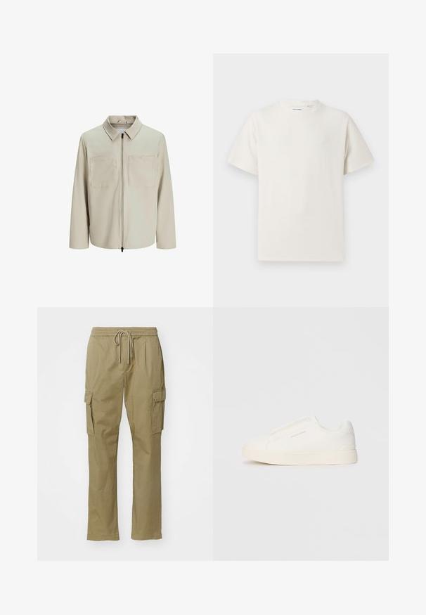 Bež jakk, mis on valmistatud pehmest kangast, millel on krae, ees zip ja kaks suurt rinna taskut. Pikad varrukad, millel on mugav lõige.; Valge lühikeste varrukatega T-särk ribakudumises. Ümar kaelus, mugav lõige, nähtavad mustrid ega aksessuaarid puuduvad. Lihtne ja mitmekesine disain.; Khaki värvi taskupüksid, mis on valmistatud pehmest kangast, omavad elastset vöökohta koos nööriga, kahte küljetaskut ja sirge säärega disaini.; Valged libisemiskindlad tossud tekstuuriga pinnaga, paksu tallaga ja minimalistikus disainis. Küljel on brändi logo.