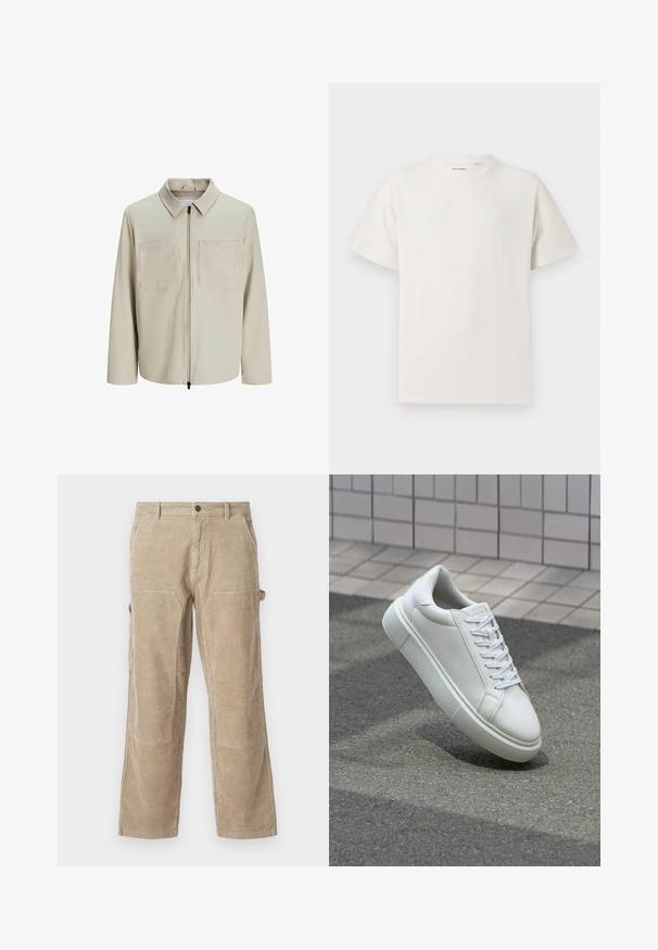 Beige Jacke aus weichem Stoff, mit Kragen, Frontreißverschluss und zwei großen Brusttaschen. Lange Ärmel mit lässiger Passform.; Weißes T-Shirt mit kurzen Ärmeln in gerippter Textur. Runder Ausschnitt, lockere Passform, keine sichtbaren Muster oder Akzente. Einfaches und vielseitiges Design.; Beige Cordura-Hosen mit geradem Bein, ausgestattet mit Seitentaschen und verstärkten Knieflicken. Strukturiertes Gewebe mit vertikalen Rippungen.; Weiße Leder-Sneaker mit glatter Oberfläche, runder Zehenpartie und flachen weißen Schnürsenkeln. Verfügt über eine strukturierte Gummisohle und minimalistische Designelemente.