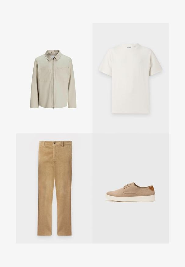 Beige jacka i mjukt tyg, med krage, framsida med dragkedja och två stora bröstfickor. Långa ärmar med avslappnad passform.; Vit t-shirt med kort ärm i ribbad struktur. Rund halsringning, löst sittande passform, inga synliga mönster eller detaljer. Enkelt och mångsidigt design.; Khakifärgade manchesterbyxor med rak skärning, med subtil vertikal ribbning, knappstängning och standard bältesloophål.; Beige mockasinsneakers med rund tå, snörning fram och texturerad bakaxel. Vit gummisula ger kontrast. Enkelt och modernt design.