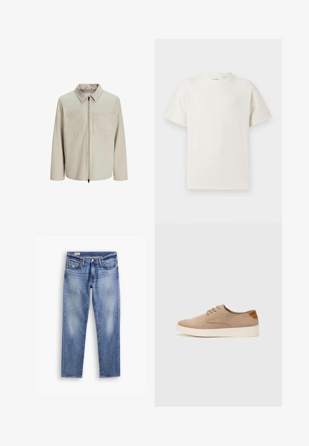 Bež jakk, mis on valmistatud pehmest kangast, millel on krae, ees zip ja kaks suurt rinna taskut. Pikad varrukad, millel on mugav lõige.; Valge lühikeste varrukatega T-särk ribakudumises. Ümar kaelus, mugav lõige, nähtavad mustrid ega aksessuaarid puuduvad. Lihtne ja mitmekesine disain.; Heledad helesin lõikega helesinised teksapüksid, millel on kulunud alad, viie-tasku disain ja vasknõelad. Tavaline nööpkinnitus taljes.; Beežid nahast tossud ümarate varvastega, paeltega esiosa ja tekstuuriga tagakontuuriga. Valge kummist tallapakkumine loob kontrasti. Lihtne ja kaasaegne disain.