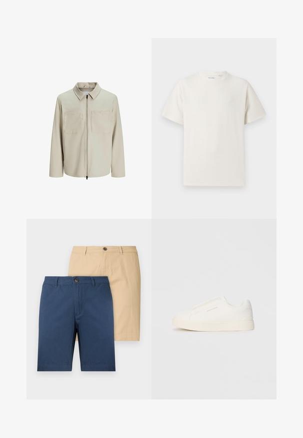 Beige jacka i mjukt tyg, med krage, framsida med dragkedja och två stora bröstfickor. Långa ärmar med avslappnad passform.; Vit t-shirt med kort ärm i ribbad struktur. Rund halsringning, löst sittande passform, inga synliga mönster eller detaljer. Enkelt och mångsidigt design.; Två par shorts: ett i marinblått och ett i beige. Tillverkade av mjukt tyg, med knäppning och rakt snitt.; Vita slip-on sneakers med en texturerad yta, en tjock sula och minimalistisk design. Har varumärkeslogotypen på sidan.