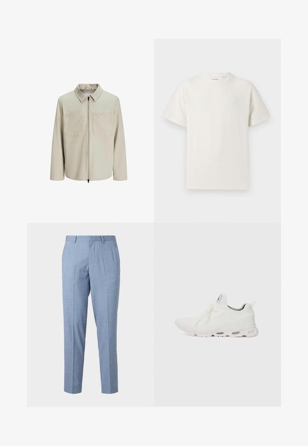 Bež jakna od mekog materijala, s ovratnikom, prednjim patentnim zatvaračem i dva velika džepa na grudima. Dugački rukavi s opuštenim krojem.; Bijela kratka majica s kratkim rukavima u rebrastoj teksturi. Okrugli izrez, ležeran kroj, bez vidljivih uzoraka ili akcenta. Jednostavan i svestran dizajn.; Svjetloplave krojene hlače s teksturiranim završetkom, krojenim dizajnom i ravnim nogavicama. Imaju prednje džepove i petlje za remen.; Bijele atletske tenisice s gornjim dijelom od teksturiranog pletenog materijala, ravnim vezicama i jastučićem u potplatu s vidljivim zračnim komorama radi dodatne potpore.