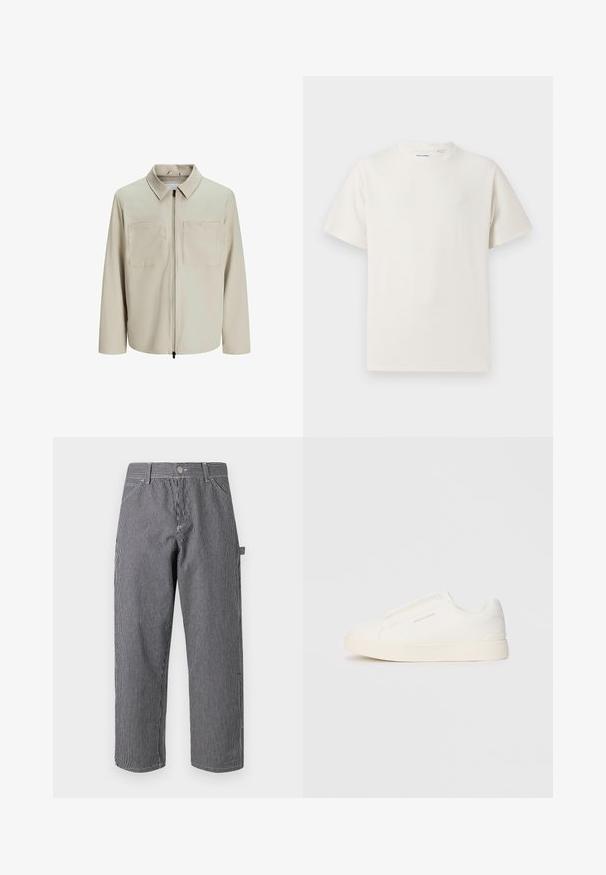 Beige Jacke aus weichem Stoff, mit Kragen, Frontreißverschluss und zwei großen Brusttaschen. Lange Ärmel mit lässiger Passform.; Weißes T-Shirt mit kurzen Ärmeln in gerippter Textur. Runder Ausschnitt, lockere Passform, keine sichtbaren Muster oder Akzente. Einfaches und vielseitiges Design.; Gestreifte Hose aus Baumwollmischgewebe, mit vertikalen schwarz-weißen Streifen, Knopfverschluss und Taschen an den Seiten.; Weiße Slip-On-Sneaker mit einer strukturierten Oberfläche, dicker Sohle und minimalistischem Design. Mit Logo der Marke an der Seite.
