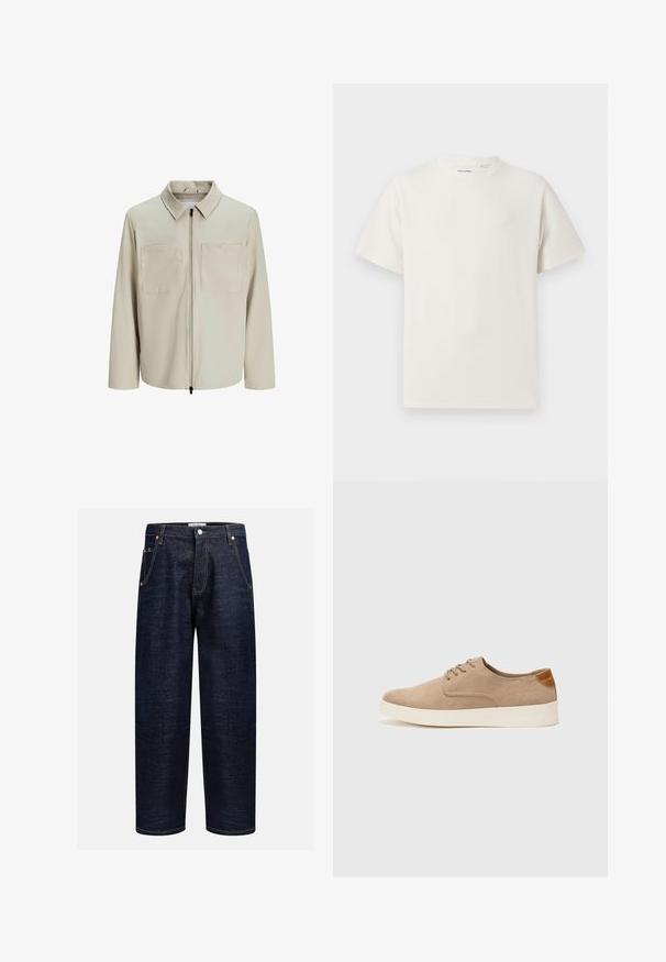 Beige jacket made of soft fabric, featuring a collar, front zip, and two large chest pockets. Long sleeves with a relaxed fit.; White short-sleeve T-shirt in a ribbed texture. Round neckline, relaxed fit, no visible patterns or accents. Simple and versatile design.; Dark denim jeans with a straight fit, featuring five pockets, copper rivets, and contrasting stitching along the seams.; Beige suede sneakers with a rounded toe, lace-up front, and a textured back accent. White rubber sole provides contrast. Simple and modern design.